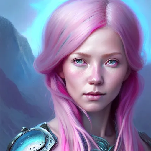 Image similar to pink haired mage medium portrait, female, glacier landscape, norway, d & d, fantasy, intricate, elegant, highly detailed, digital painting, pink and teal color palette, artstation, octane render, concept art, matte, sharp focus, illustration, herrarthstone, art by artgerm and greg rutkowski and alphonse mucha