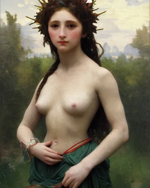 Image similar to beautiful centered fine art portrait of girl with solarpunk mecha humanoid parts with led lights, pudica pose gesture, by bouguereau, ultra - realistic and intricate, hdr 8 k