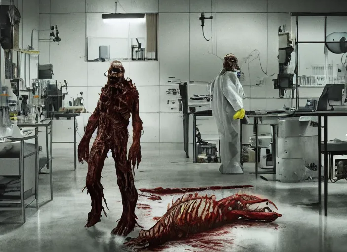 Prompt: a huge horrific flesh beast grows out of control in a grungy science lab, horror movie scene, a single man in a hazmat suit