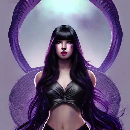 Image similar to american evil girl black - purple long hair, tane skin, purple eyes, dark purple lips, intricate, elegant, highly detailed, my rendition, digital painting, artstation, concept art, smooth, sharp focus, illustration, art by artgerm and greg rutkowski and alphonse mucha and uang guangjian and gil elvgren and sachin teng, symmetry!!