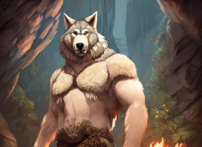 Image similar to burly tough character feature portrait of the anthro male anthropomorphic wolf fursona animal person wearing tribal primitive caveman loincloth outfit full wolf fur body standing in the entrance to the cave, head center framed character design stylized by charlie bowater, ross tran, artgerm, makoto shinkai, detailed, soft lighting, rendered in octane