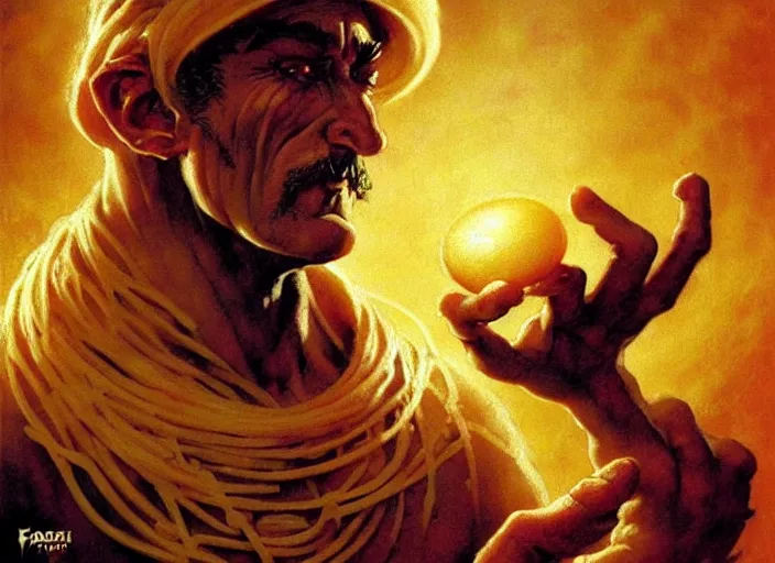 Image similar to magic : the gathering fantasy character concept art of the great pasta wizard by franz frazetta, high resolution. a clear portrait of powerful, mysterious wizard made out of noodles and pasta, flour and egg yolk magic fractals in background, fantasy coloring, intricate, digital painting, artstation, smooth, sharp focus