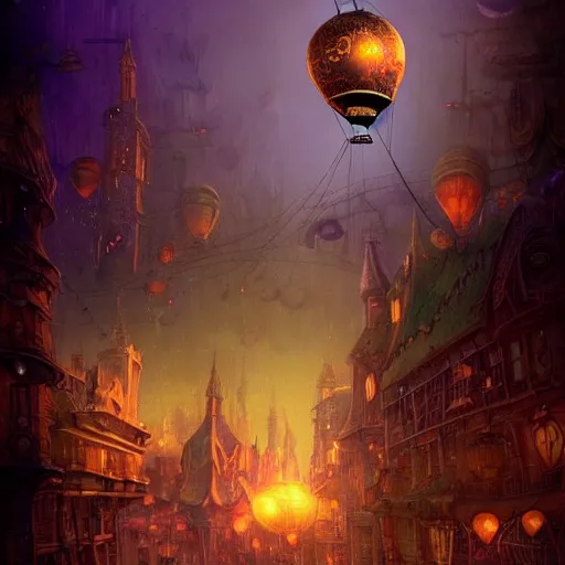 Image similar to a beautiful stunning fantasy whimsical matte digital illustration of a scene of a steampunk! hot - air balloon over a lit steampunk! city at night by marc simonetti, pastel color palette, disney magic the gathering steampunk!!!, chiaroscuro magical! bokeh moon stars dramatic romantic! epic breathtaking, clock tower,, trending on artstation hq, masterpiece