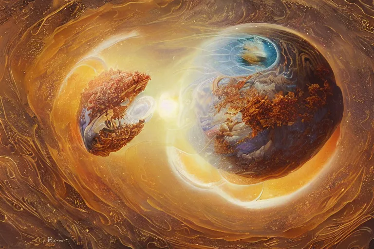 Prompt: A scenic view of extremely detailed glowing amber planets rotating through chantilly cream, by Ellen Jewett and Johfra Bosschart