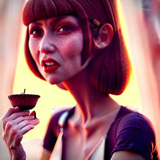 Prompt: girl, eating, good food, happy, slim, stylized, artstation, hd, cgsociety, cgi, realistic, dramatic, cinematic, artistic, trending, detailed