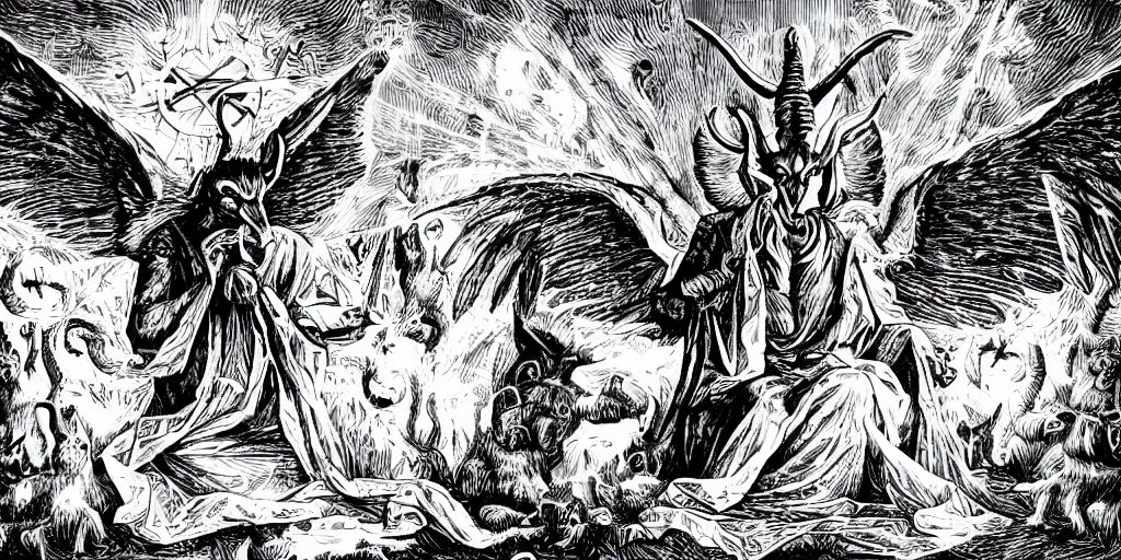 Prompt: baphomet surrounded by occult symbols sitting on a throne in hell, liminal, horrifying, dramatic lighting, visions of torment, demons, symmetrical