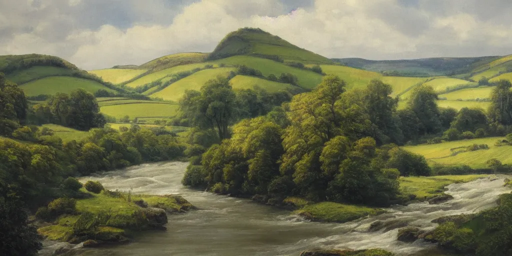 Image similar to a beautiful landscape painting of a yorkshire countryside valley with a river, oil on canvas, highly detailed, hd, 4 k