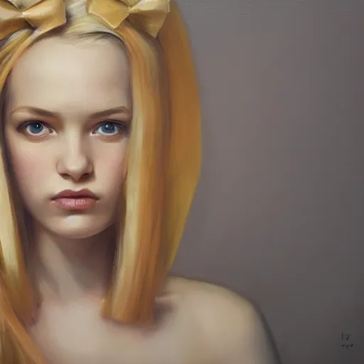 Image similar to a symmetrical portrait of a blonde woman with bows, oil painting, pale colors, high detail, 8 k, wide angle, trending on artstation,