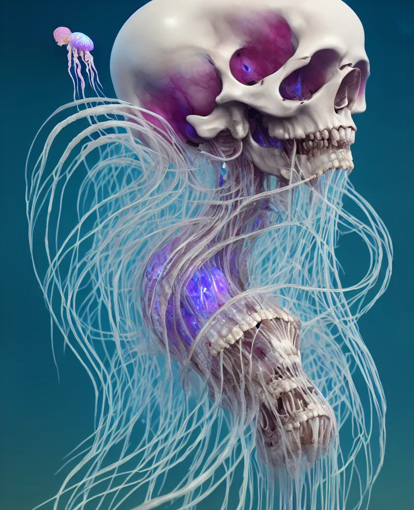 Image similar to goddess close - up portrait human skeleton, ram skull, jellyfish, orchid, betta fish, bioluminiscent, intricate artwork by tooth wu and wlop and beeple. octane render, trending on artstation, greg rutkowski very coherent symmetrical artwork. cinematic, hyper realism, high detail, octane render, 8 k