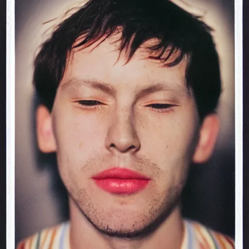 Prompt: a professional polaroid portrait photo of a beautiful man with an asymmetrical face with his eyes closed. the man has black hair, light freckled skin and a look of panic on his face. extremely high fidelity. key light. rainbow light bleed, film burn.