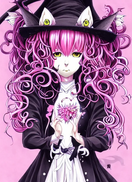 Image similar to dark fantastic manga character design of beautiful cat girl witch with a robot, pink curls hair, rococo dress, symmetrical face, cute, fairy, by mai yoneyama, takeshi obata, katsuhiro otomo, detailed background, illustration, artstation, concept art, highly detailed, colorful, maximalist