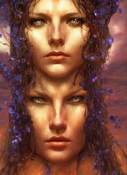 Prompt: biblical shy beautiful female druid android, heavy eyes, closeup, bright glowing veins, in clouds, sunset, portrait, by gerald brom, by mikhail vrubel, by peter elson, muted colors, extreme detail, reflections, trending on artstation, 8 k