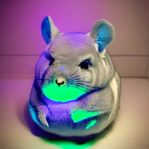 Prompt: chubby chinchilla stuffed toy under neon lights deep shadows