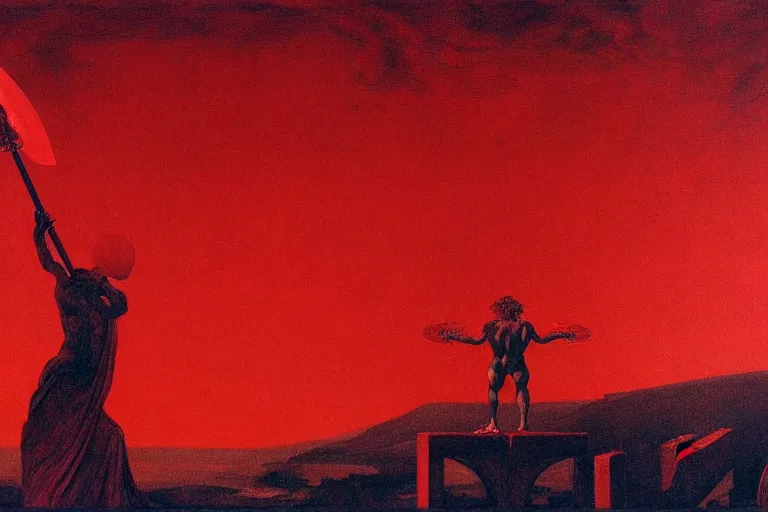 Image similar to only with red, a red melted apollo with a laurel wreath and a flaming sword announce win, athens in background, in the style of beksinski, parts by edward hopper, parts by rodcenko, parts by yue minjun, intricate and epic composition, red by caravaggio, insanely quality, highly detailed, masterpiece, red light, artstation, 4 k