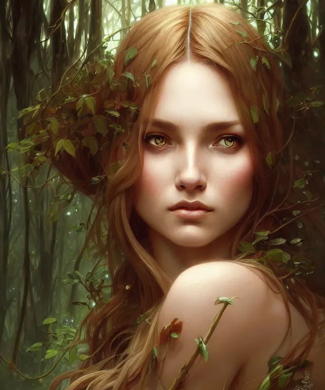 Image similar to Forest nymph woman portrait, amber eyes, face, long hair, fantasy, intricate, elegant, highly detailed, digital painting, artstation, concept art, smooth, sharp focus, illustration, art by artgerm and greg rutkowski and alphonse mucha