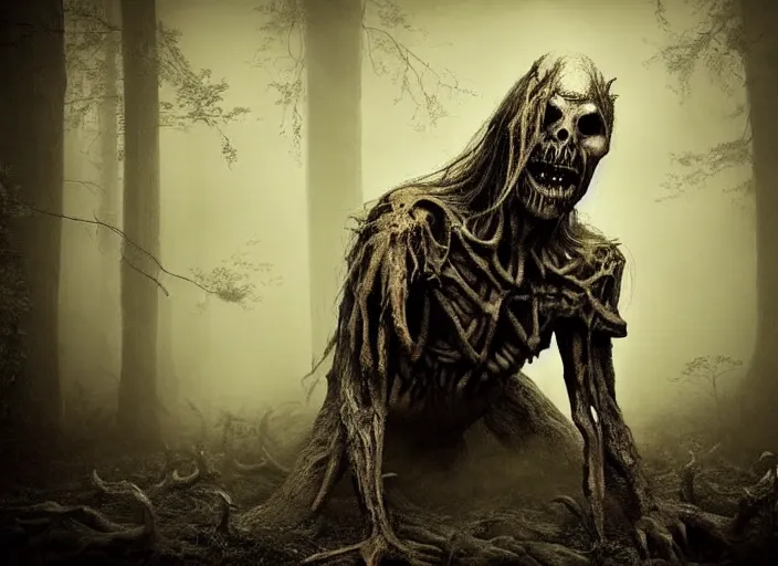 Image similar to an incredibly scary and very very unique monster creature of evil nature, ancient folk legend in the forest, hyperrealistic concept art, extremely creative, sepia photography