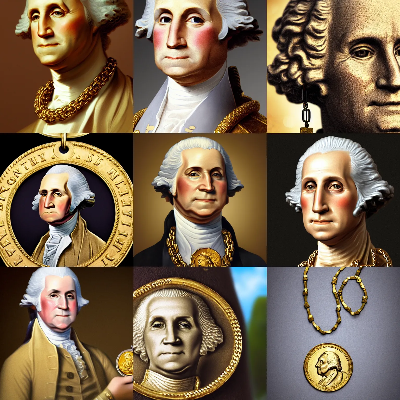 Image similar to a closeup photorealistic illustration of a happy George Washington holding wearing a chain around his neck with a small gold Doubloon coin as a necklace. This 4K HD image is Trending on Artstation, featured on Behance, well-rendered, extra crisp, features intricate detail and the style of Unreal Engine.