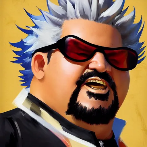 Prompt: Greg Manchess portrait painting of Guy Fieri as Overwatch character, medium shot, asymmetrical, profile picture, Organic Painting, sunny day, Matte Painting, bold shapes, hard edges, street art, trending on artstation, by Huang Guangjian and Gil Elvgren and Sachin Teng