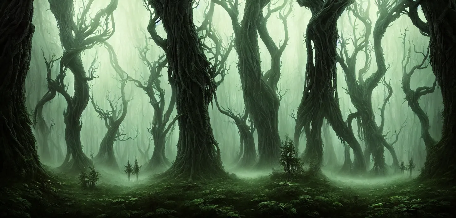 Prompt: scary fairy tale mystical forest twisted creepy trees magical forest landscape artwork trees near the path amazing nature, surreal, dreamlike, lucid dream, very detailed, perfect lighting, perfect composition, 4 k, artgerm, derek zabrocki, greg rutkowski