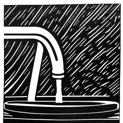 Image similar to black and white linocut of a leaky bathroom faucet dripping water