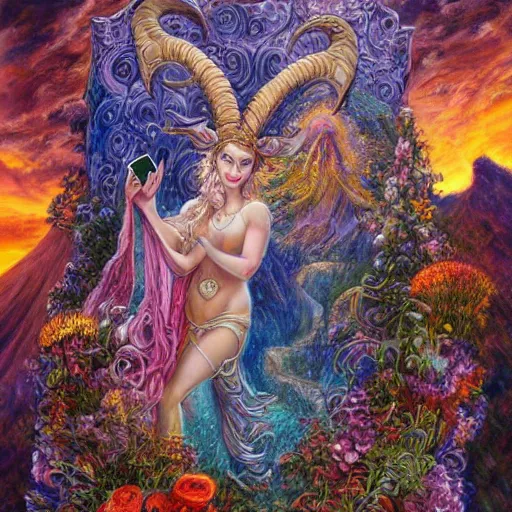 Image similar to painting by senior concept artist josephine wall, goddess with horns of a ram checking her cell phone, erupting volcano in distance, sunset, flowers in foreground, zodiac, fantasy, acrylic on canvas, intricately detailed, highly detailed, high resolution, hdr, 8 k, by senior concept artist, trending on artstation