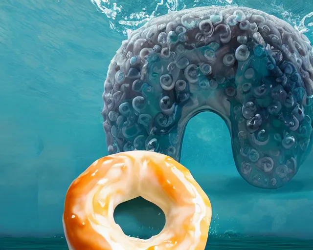 Prompt: a massive jelly sculpture of a squashed human face licking a giant donut on the ocean water, in the style of johnson tsang, cinematic, funny, hyper - realistic, very detailed, realistic jelly splashes, ray tracing, 8 k resolution, long - shot, sharp focus, low angle, 8 5 mm photograph, wide lens