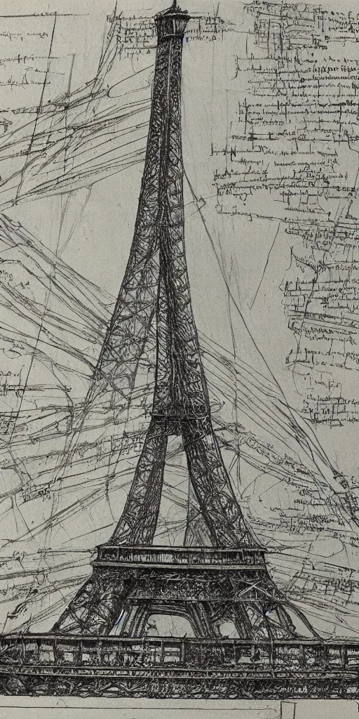 Image similar to architectural design studies of Eiffel Tower, different closeup view, drawn by Leonardo da Vinci, ancient ink draw, artistic, intricated