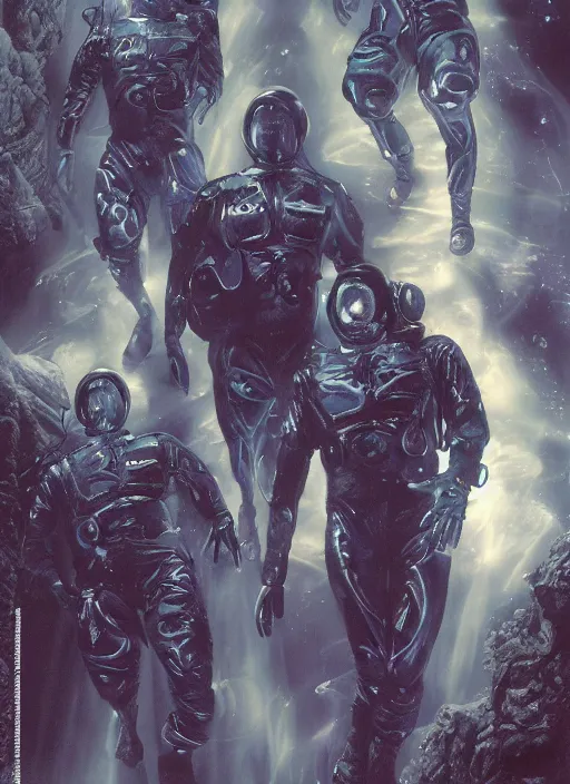 Image similar to astronauts in dark void underwater - complex and hyperdetailed technical suit. reflection and dispersion materials. rays and dispersion of light. volumetric light. f / 3 2. noise film photo. flash photography. ultra realistic, wide angle. poster by wayne barlowe, hajime sorayama aaron horkey, craig mullins