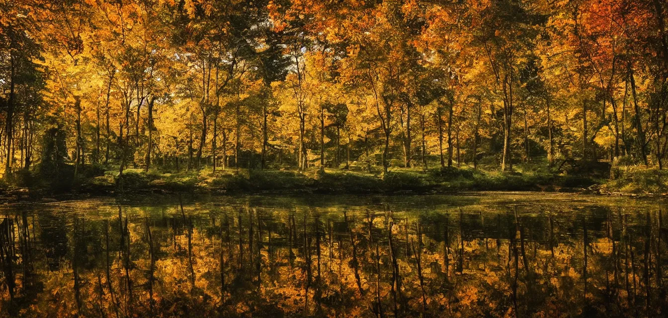 Image similar to sparse stone cottages underneath a dense tall forest, pristine ponds. fine painting intricate brush strokes, bright depth oil colors. 2 8 mm perspective photography by araken alcantara. intense promiseful happiness, autumn sunrise warm light. hopeful environment of bodyscapes