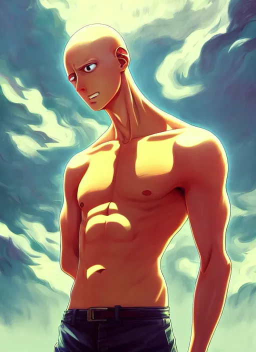 Image similar to handsome saitama, half body shot, path traced, fight scene, highly detailed, high quality, digital painting, alena aenami, lilia alvarado, shinji aramaki, karol bak, alphonse mucha, tom bagshaw