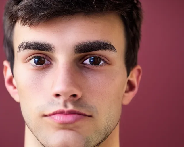 Image similar to A young man with big round brown eyes, medium length brown hair, a roman nose, oval face, wearing a maroon t-shirt, clean shaven, HD selfie