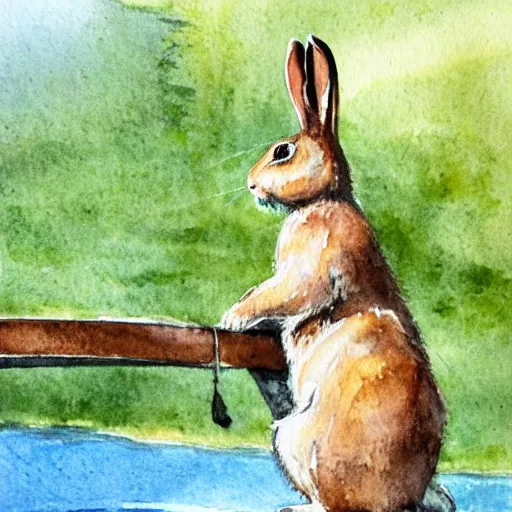 Prompt: a rabbit standing on a bridge, fishing, realistic watercolour