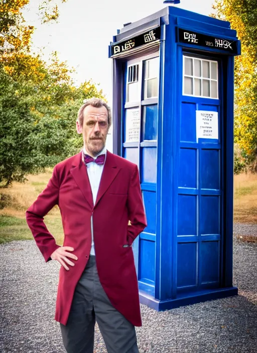 Image similar to dslr photo portrait still of hugh laurie as doctor who in front of the tardis at sunset, 8 k, 8 5 mm f 1. 4