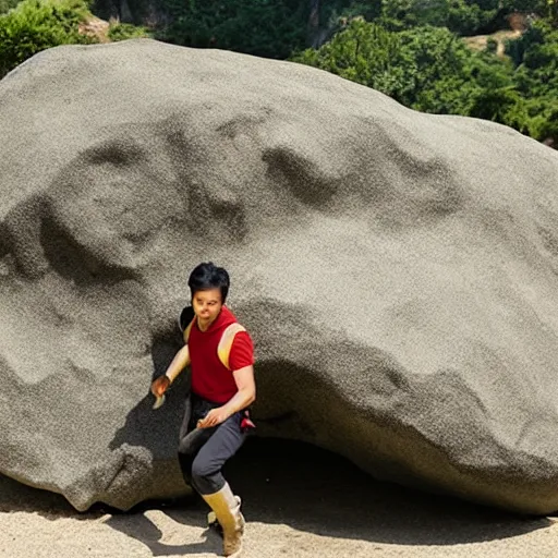 Prompt: asian indiana jones escaping a giant boulder made of rice