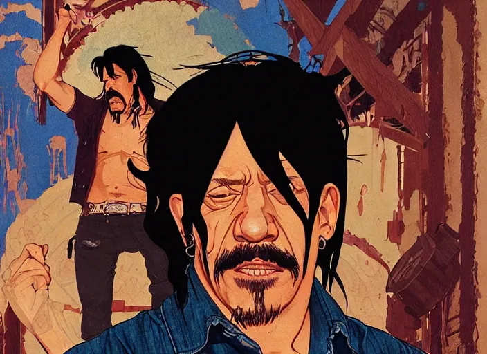 Image similar to portrait of danny trejo exploring a haunted house, long black hair, leather vest and jeans, kyoto animation still, finely illustrated face, intricately detailed features, digital painting, makoto shinkai, painted by ilya kuvshinov and katsura masakazu and alphonse mucha and satoshi kon