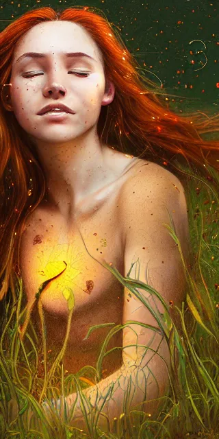 Image similar to infp young woman, smiling amazed, golden fireflies lights, sitting in the midst of nature fully covered, long loose red hair, intricate linework, green eyes, small nose with freckles, oval shape face, realistic, expressive emotions, dramatic lights spiritual scene, hyper realistic ultrafine art by michael cheval, jessica rossier, boris vallejo