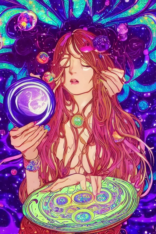 Image similar to psychedelic, acid trip, intricate, highly detailed, anime, 4k, beautiful seductive slime girl holding a huge orb containing the universe, with professional makeup, long trippy hair, surrounded by gems, underneath the stars, trending on patreon, deviantart, twitter, artstation, volumetric lighting, heavy contrast, by artgerm and Ilya Kuvshinov and alphonse mucha, interstellar galaxy