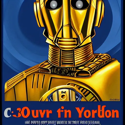 Prompt: A Hyperdetailed Masterpiece of C3P0 in the style of a 1950s propaganda poster