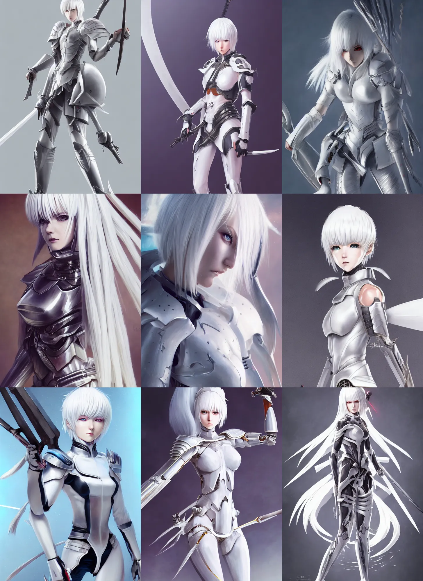 Prompt: detailed, sharp, full body portrait of a white-haired fantasy female warrior wearing japanese armor resembling rei ayanami, trending on artstation, anime arts, featured on Pixiv, HD, 8K, highly detailed, good lighting, beautiful, epic, masterpiece, in the style of Ilya Kuvshinov and Greg Rutkowski