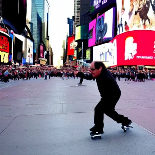 Image similar to photograph of danny devito skateboarding in times square