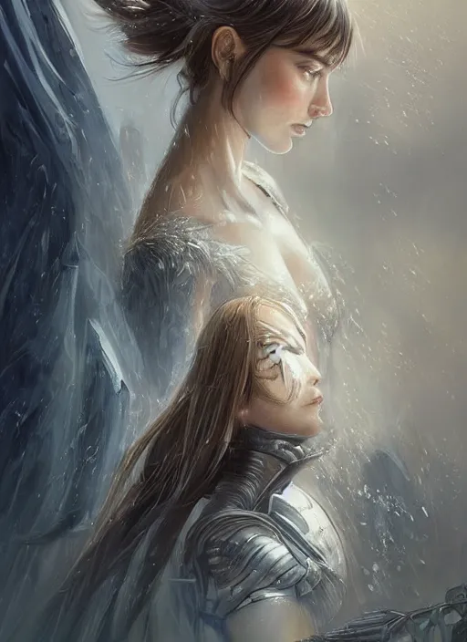 Image similar to a professional portrait of a beautiful young female, clothed in ethereal battle armor, olive skin, long dark hair, beautiful bone structure, symmetrical facial features, intricate, elegant, digital painting, concept art, smooth, sharp focus, finely detailed, illustration, from Valerian and the City of a Thousand Planets, in the style of Ruan Jia and Mandy Jurgens and Artgerm and Greg Rutkowski and William-Adolphe Bouguerea