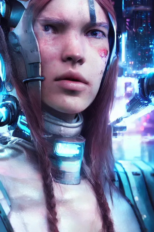 Prompt: beautiful close - up portrait of a cyborg mercenary girl, art by wlop and liam wong, cyberpunk, neon, combat armor, head and shoulders, long hair, intricate details, trending on artstation, sharp focus, caustics, octane render, radiant light, 4 k