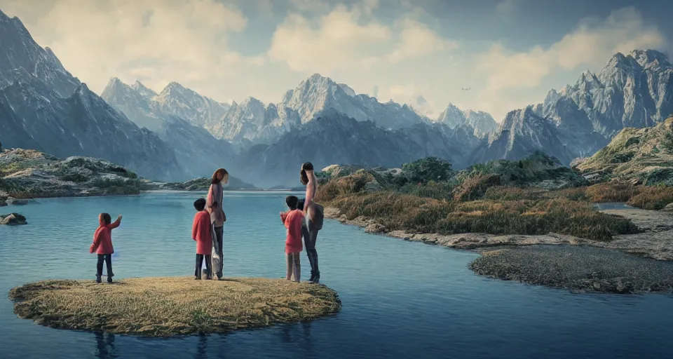 Image similar to An epic landscape photograph of a Mountainrange and a lake, with A family at the center of the image. The man is holding a blue umbrella in his right hand, unreal 5, DAZ, hyperrealistic, octane render, dynamic lighting