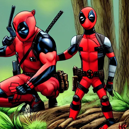 Image similar to deadpool and rocket raccoon in the woods digital art 4 k detailed