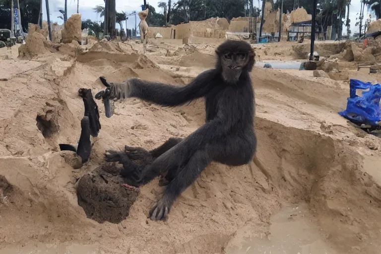 Image similar to a monkey touching a completed sand castle