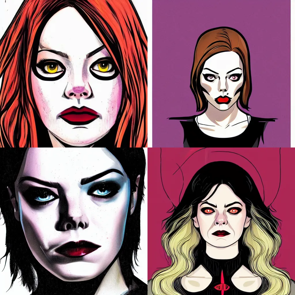 Prompt: in the style of Jamie McKelvie, Emma Stone vampire, symmetrical face symmetrical eyes