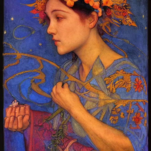 Image similar to the night crown and lantern, by Annie Swynnerton and Nicholas Roerich and Diego Rivera, flowing robes, floral tattoos, elaborate costume, geometric ornament, symbolist, soft colors, dramatic lighting, smooth, sharp focus, extremely detailed