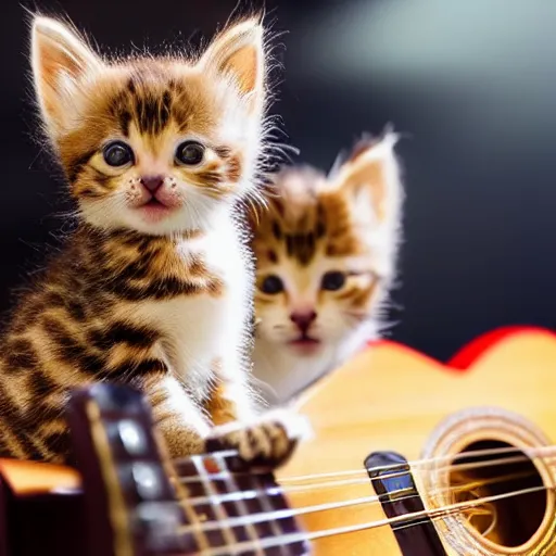 Image similar to an amazing award winning photo of kittens playing guitar, very detailed and sharp, 4k hdr, masterpiece