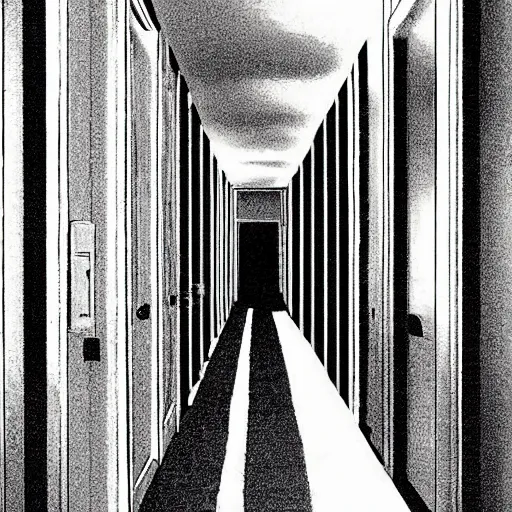 Prompt: “A creepy bright white hallway by Junji Ito”