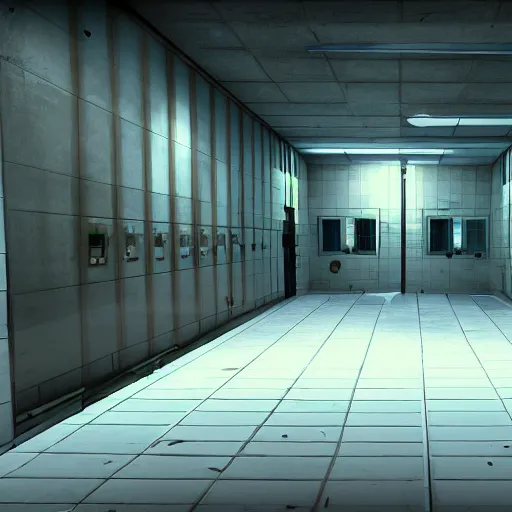 Image similar to holding cells in underground lab, sterile, clean, cinematic, liminal space, unreal engine, cctv footage, in-game screenshot